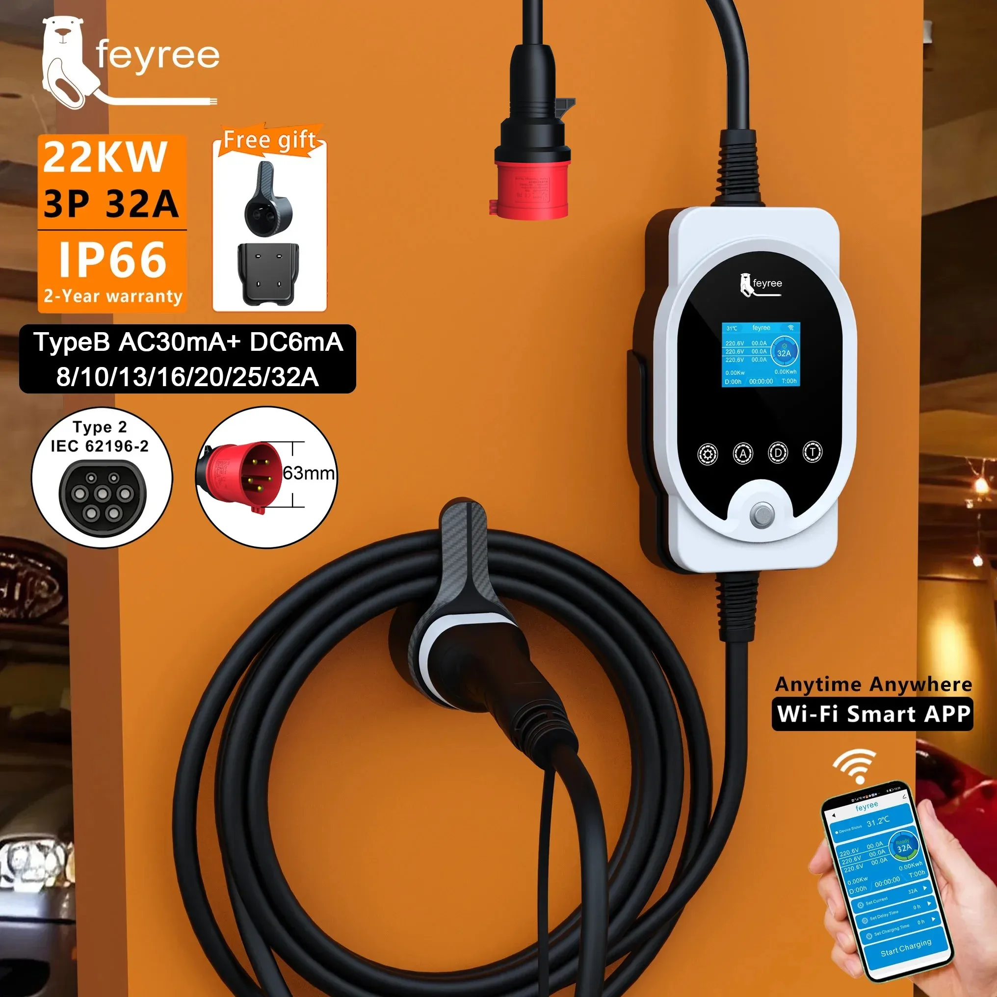 Feyree 22KW Type2 Câble EVSE W - Ev Charger Type 2 22Kw 32A 3 Phase avis et prix